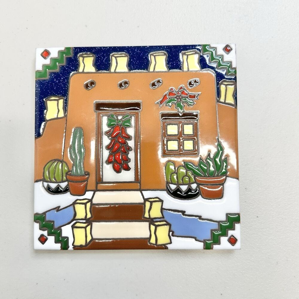 Vtg Earthtones Adobe Christmas Luminaries Ceramic Tile Trivet 'House Light' 6x6"